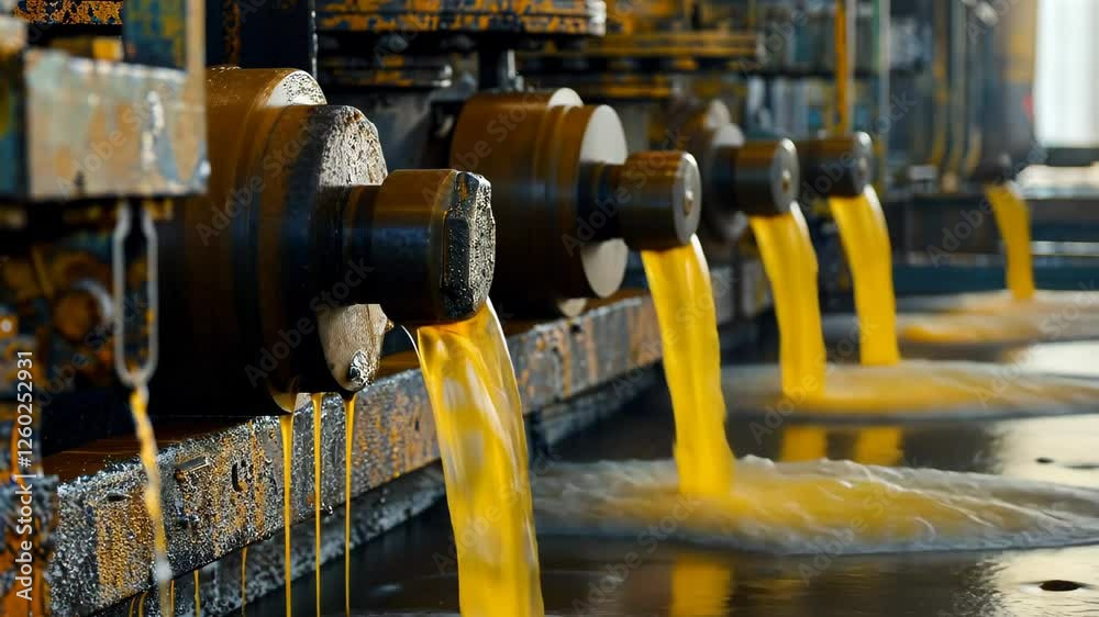 Heavy machinery in a factory releases bright orange liquid into a basin, demonstrating the manufacturing process that involves fluid dynamics and material flow.