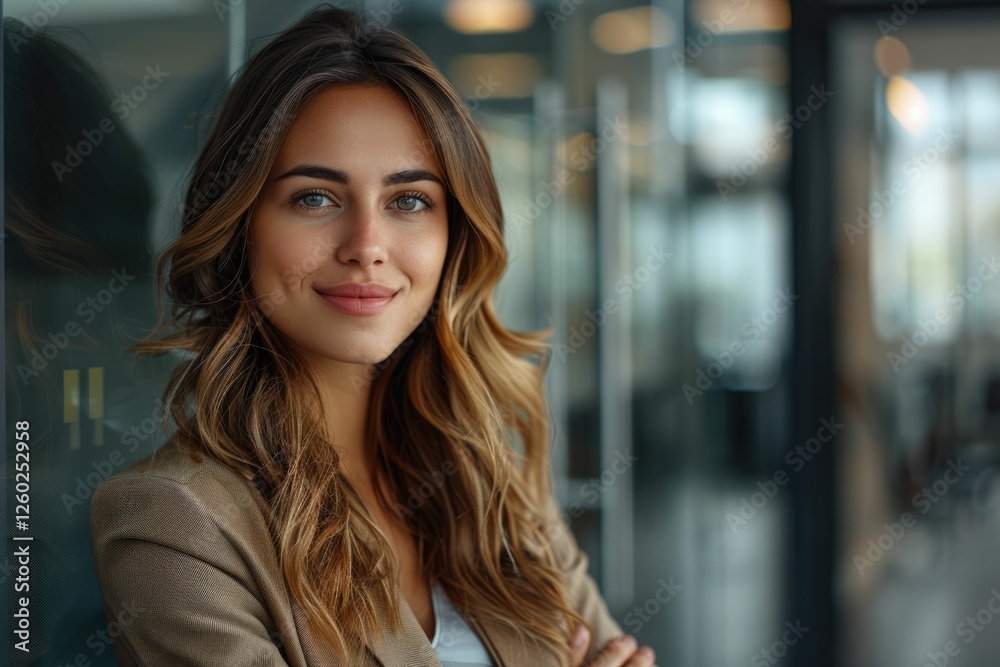 custom made wallpaper toronto digitalConfident young woman with long brown hair, wearing a beige blazer, smiles subtly.
