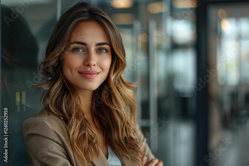 Wallpaper Mural Confident young woman with long brown hair, wearing a beige blazer, smiles subtly. Torontodigital.ca