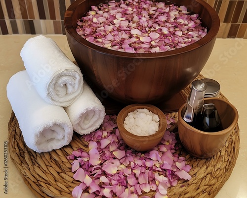 Relaxing spa setting with rose petals and towels