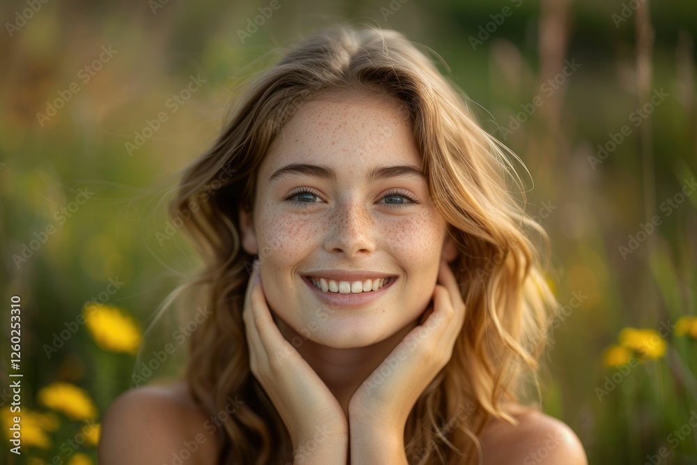 A freckled young woman with blonde hair smiles gently, hands caressing her face, in a sunlit field of yellow flowers. A freckled young woman with blonde hair smiles gently, hands caressing her face, in a sunlit field of yellow flowers.