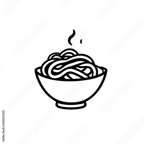 Black and white steaming noodle bowl icon in minimalist style