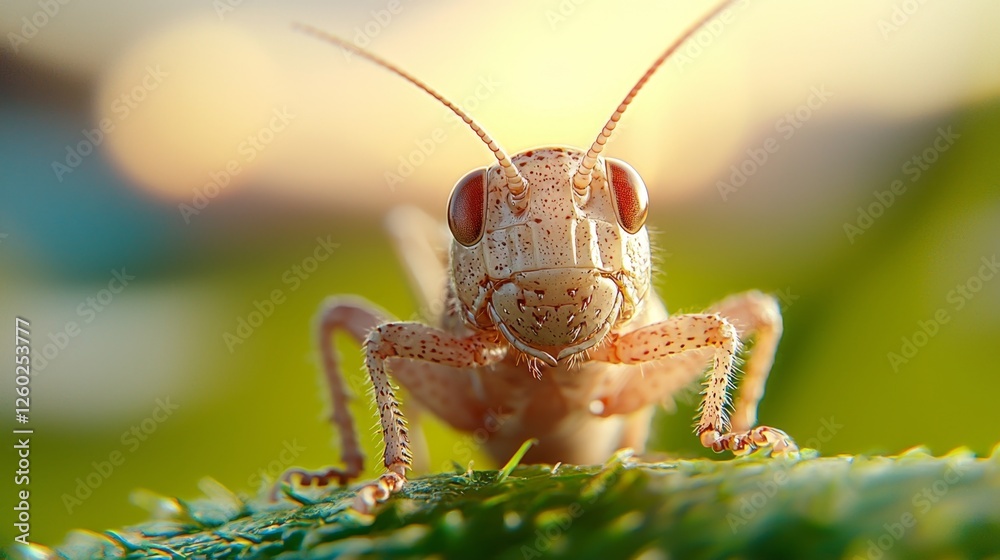 a close up of a grasshopper sitting on top of a green leaf, with a blurred background a close up of a grasshopper sitting on top of a green leaf, with a blurred background