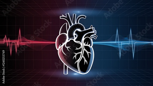  human heart with digital red line of cardiac pulse, Health, cardiology, cardiovascular disease concept, lectrical impulse conduction pathway in the heart from the sinoatrial node, Medical neuron card photo