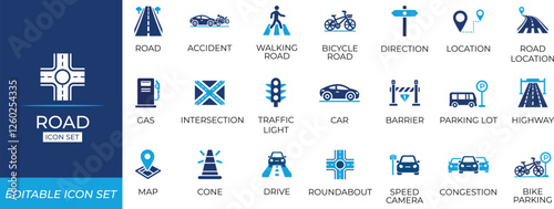 Road icon set with highways, car accident, congestion, editable, horizontal, signpost, signs, silhouette, map, search, curve, network, feast, streets, and urban planning projects.