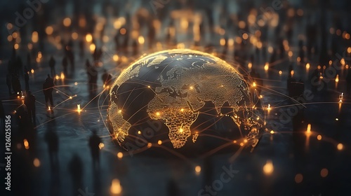 Business icons interconnected with lines representing global networks