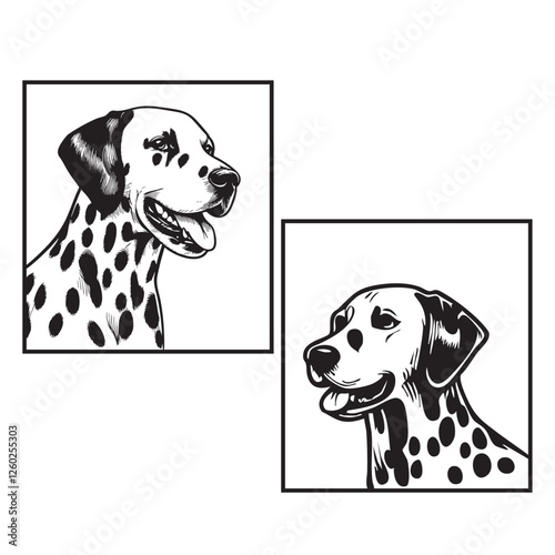 Set of hand drawn barking dalmatian dog head illustration design, Vector dalmatian breed dog face red eyes yellow eyes isolated on transparent background