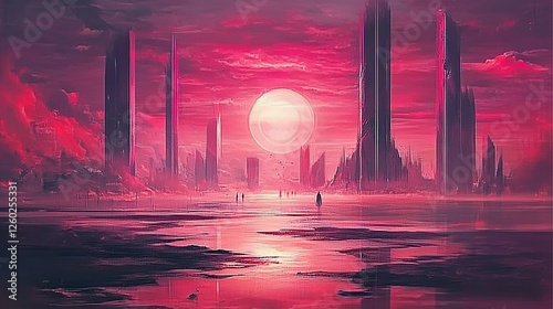 Futuristic city sunset, crimson sky, figures walking, dystopian landscape, album art