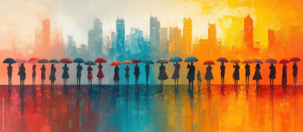 Naklejka premium Urban Rainscape: A vibrant abstract painting depicting a line of people with colorful umbrellas silhouetted against a cityscape at sunset, their reflections mirrored in a wet street.