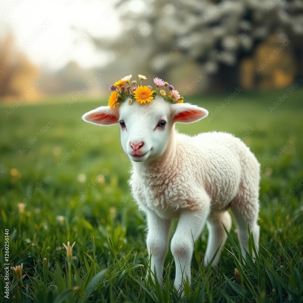 A charming lamb wearing a floral crown stands proudly in a meadow, embodying the joy and beauty of spring, perfect for Easter or animal-focused content. A charming lamb wearing a floral crown stands proudly in a meadow, embodying the joy and beauty of spring, perfect for Easter or animal-focused content.