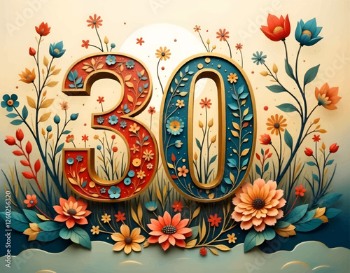 Number 30 vector, Happy birthday 30, Floral Number 30, thirty, 30th birthday, illustration of an floral background, birthday card	