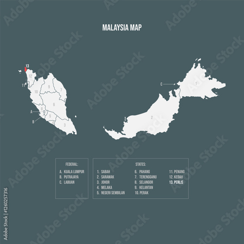 Malaysia Map with 13 States and 3 Federal Territories - Perlis