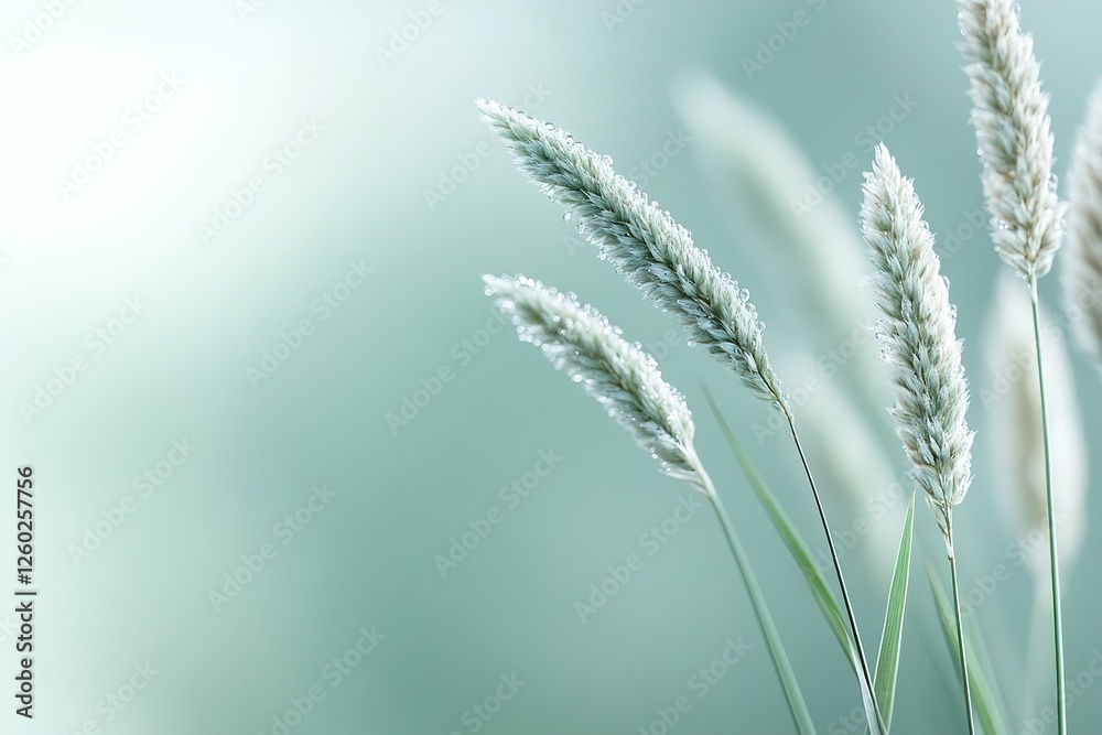 Fototapeta premium Delicate blades of soft-focus grass shimmer with water droplets, set against a warm neutral background. This minimalist composition evokes a sense of peace and tranquility in nature