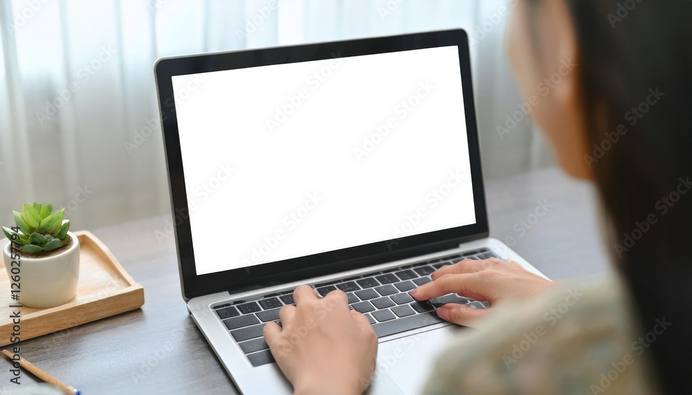 young woman using computer laptop in front of an blank white computer screen in home young woman using computer laptop in front of an blank white computer screen in home