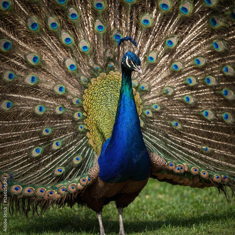 Obraz premium A vibrant peacock spreading its feathers in a lush green garden. A peacock spreading its iridescent feathers in a royal garden. A vibrant peacock displaying its magnificent plumage.