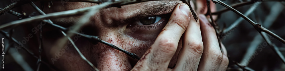 Naklejka premium Close-up Portrait of a Man with Blood and Thorns