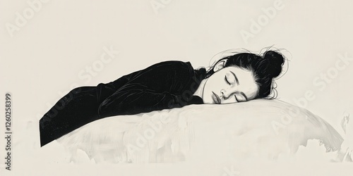 Elegantly poised in repose, a woman lies gracefully upon a sumptuous bed. Her serene expression captured as she rests her head against her arm, enveloped in tranquil shadows of black and white photo