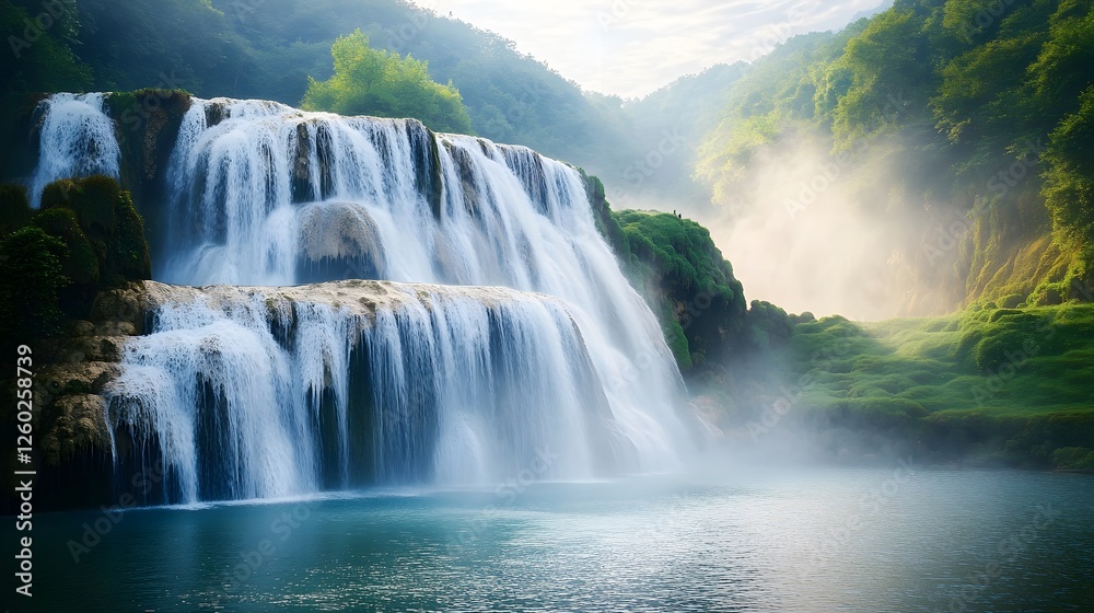 Naklejka premium Majestic waterfall cascading down rocky tiers into serene water