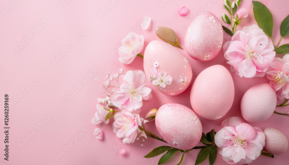Easter eggs with delicate floral decoration on pink background Easter eggs with delicate floral decoration on pink background