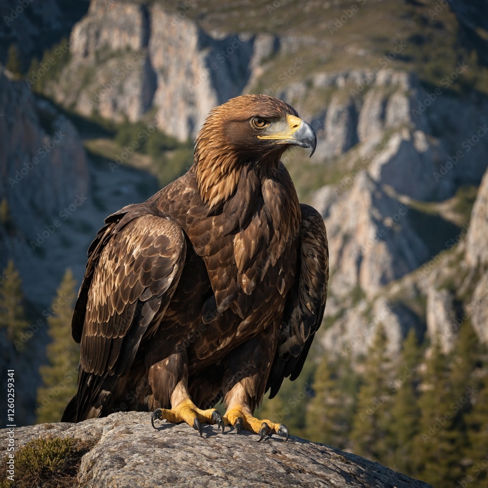 A golden eagle perched on a rock ledge, surveying the land below. Wedge-tailed Eagle Eagle bird a sitting on a rock overlooking a valley and a river A golden eagle perched on a rock ledge, surveying the land below. Wedge-tailed Eagle Eagle bird a sitting on a rock overlooking a valley and a river