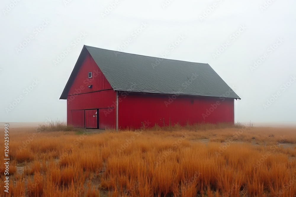 Red Barn in a Foggy Field - Rustic Countryside Scene Red Barn in a Foggy Field - Rustic Countryside Scene