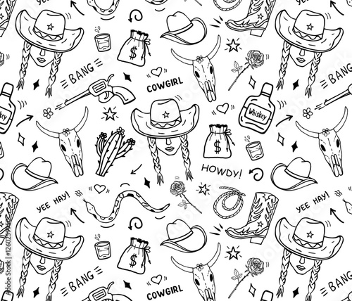 Seamless cowgirl pattern. Vector Background in Wild West style. Hand drawn black and white drawing in doodle style.