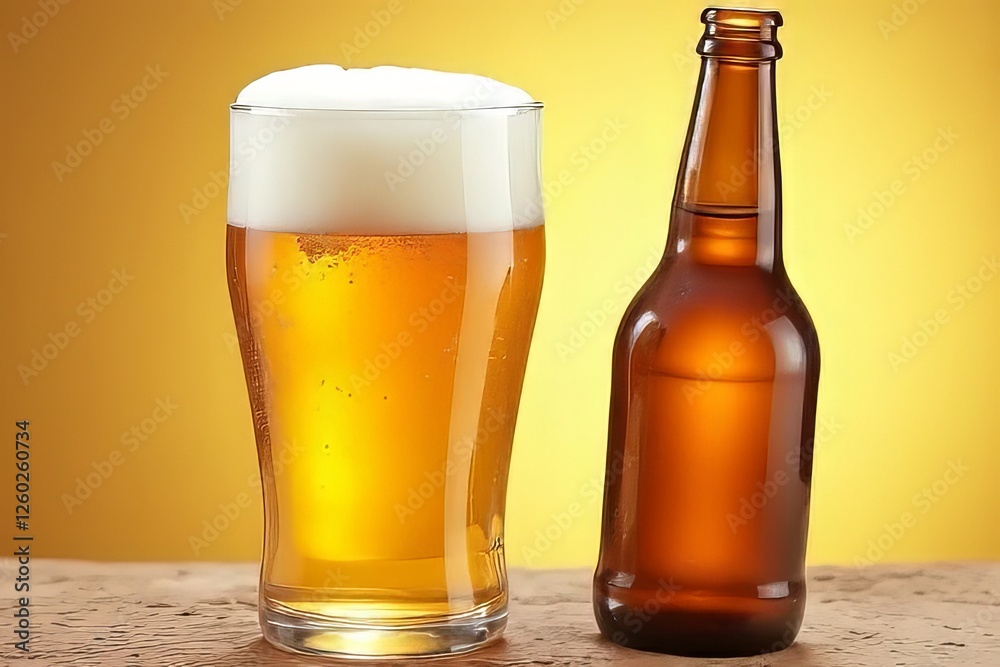 Refreshing Beer in Glass and Bottle on Yellow Background Refreshing Beer in Glass and Bottle on Yellow Background