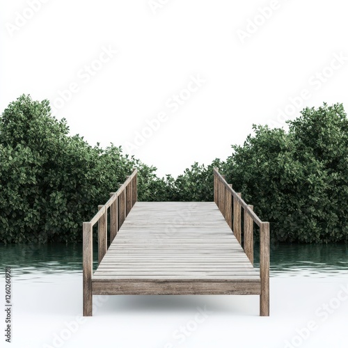 A serene wooden dock surrounded by lush greenery, extending over calm water, inviting relaxation and connection with nature.
