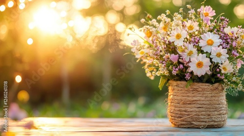 Bouquet of wildflowers in a rustic basket, sunny outdoor setting photo