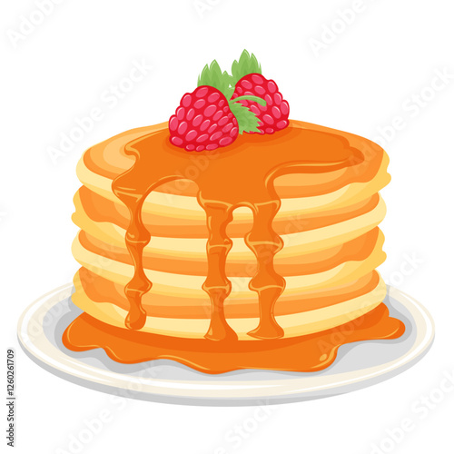 stack of pancakes topped with whipped syrupand raspberries