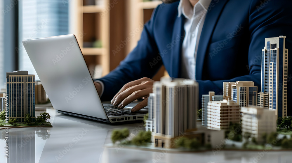 custom made wallpaper toronto digitalProperty management and real estate business with a businessman working on a laptop surrounded by building models 16:9 - Image #3 @fme39856