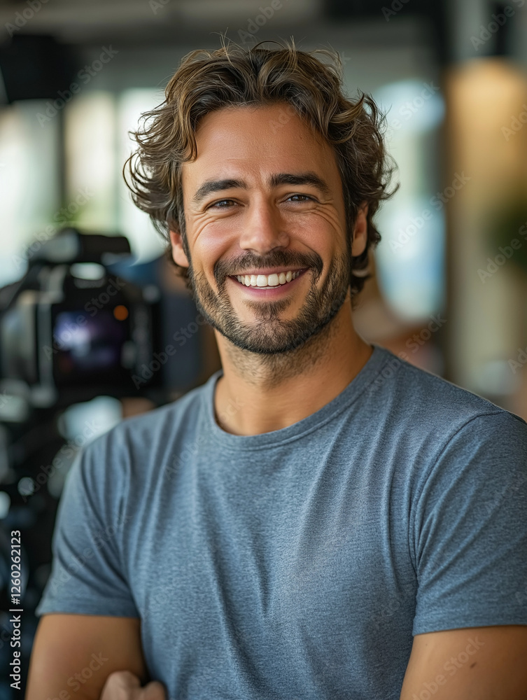 Obraz premium Smiling man in a casual t-shirt with a camera in the background.