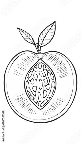 Peach Fruit Food Meal Healthy Coloring Kid Book Page in Black and White. Monochrome and Colored Samples
