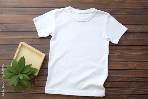A simple white tshirt is laid down on a rustic wooden surface, making it perfect for a variety of styles. Mock-up for your design