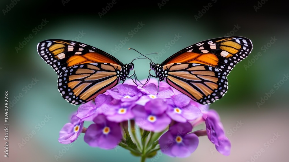 Obraz premium two monarch butterflies perched atop a vibrant purple flower, with a blurred background