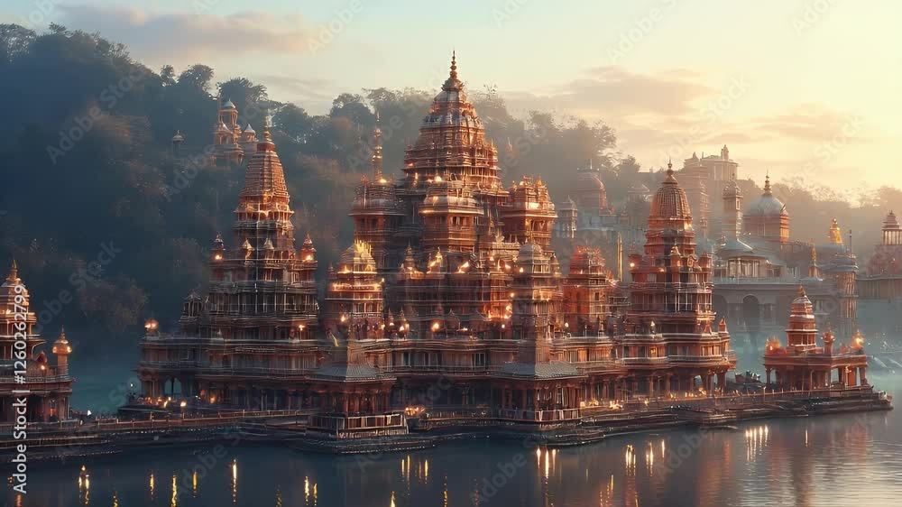 Golden temple city sunrise, calm lake, misty hills, fantasy architecture, tourism