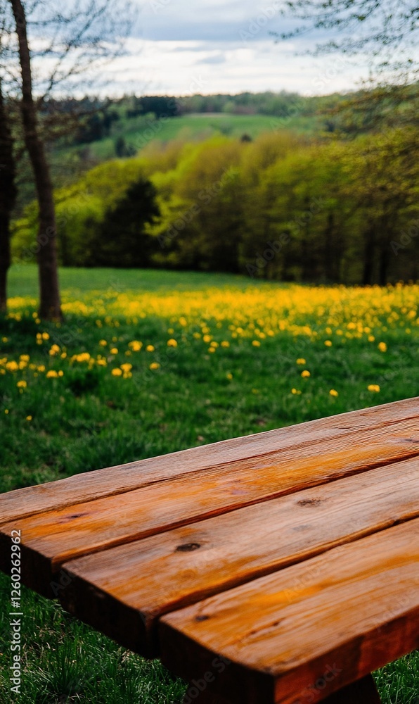 Fototapeta premium Empty wooden table overlooking a field of dandelions and a rolling green hillside