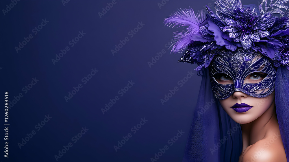 Obraz premium Woman in purple mask and veil poses against violet background, festive glamour