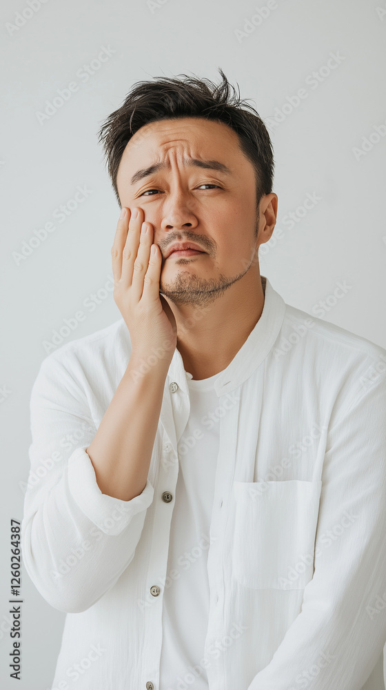 young man thinking. Man in white shirt holding his cheek in pain against neutral background. young man thinking. Man in white shirt holding his cheek in pain against neutral background.