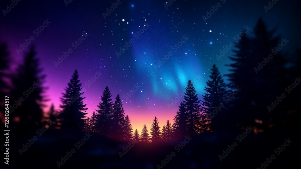 Enchanting aurora borealis illuminates the night sky over a pine forest Enchanting aurora borealis illuminates the night sky over a pine forest