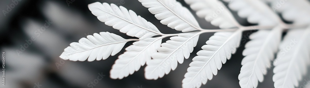 Naklejka premium Delicate fern leaves display intricate textures in a close-up composition, set against a soft blurred background that enhances high-end minimalist elegance in striking black and white