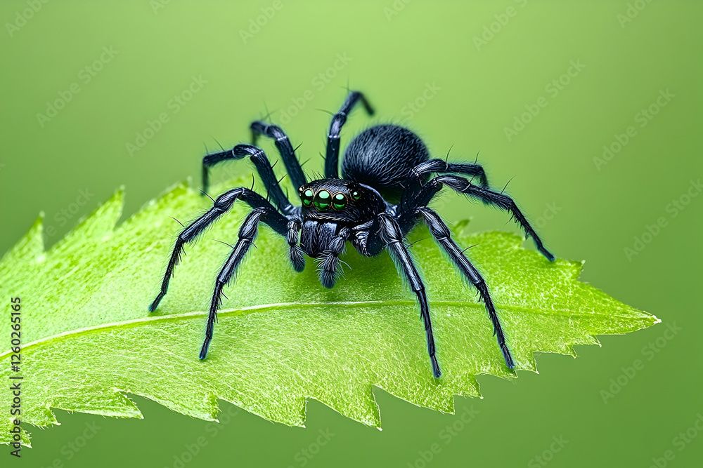 Obraz premium Black jumping spider with green eyes resting on the bright green leaf, closeup