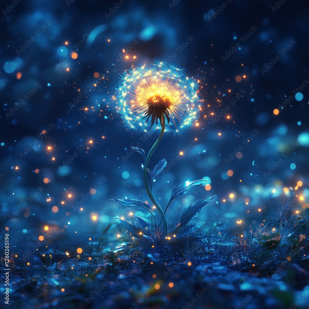 Fototapeta premium Illuminated dandelion in magical night meadow