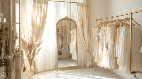 Elegant dressing room with an antique mirror and clothes rack displaying light-colored clothing in soft, natural light.