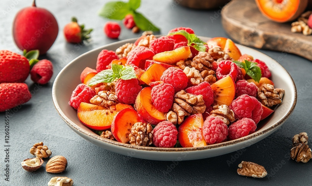 Fresh raspberry, peach, and walnut summer salad on gray background Fresh raspberry, peach, and walnut summer salad on gray background