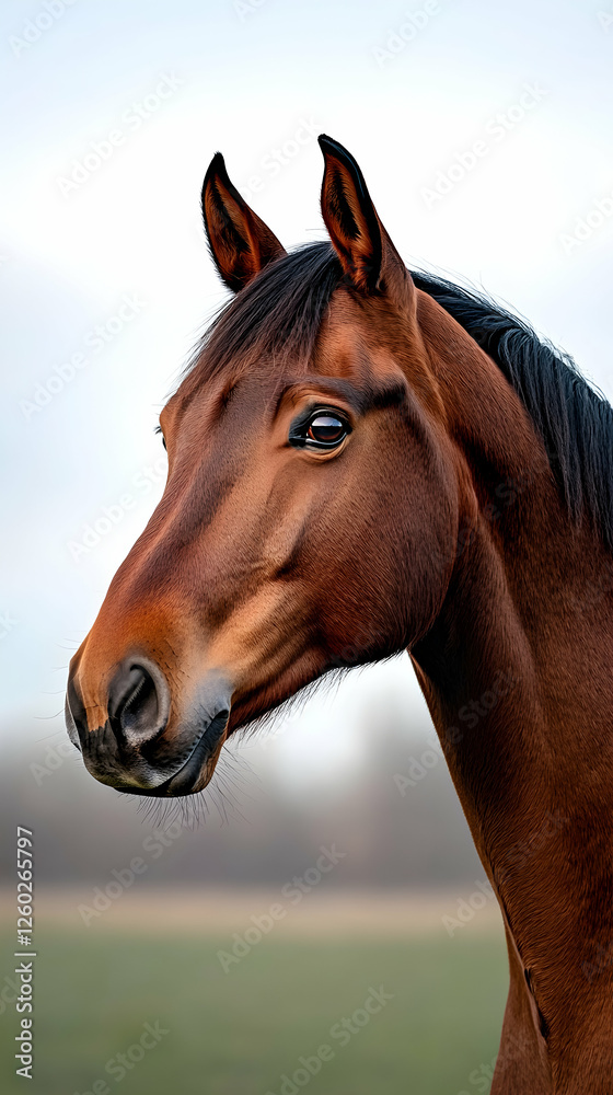 Obraz premium Brown horse portrait close-up outdoors, field background. Use animal farm