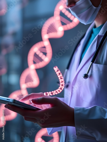 Abstract luminous DNA molecule. Doctor using tablet and check with analysis chromosome DNA genetic of human on virtual interface.