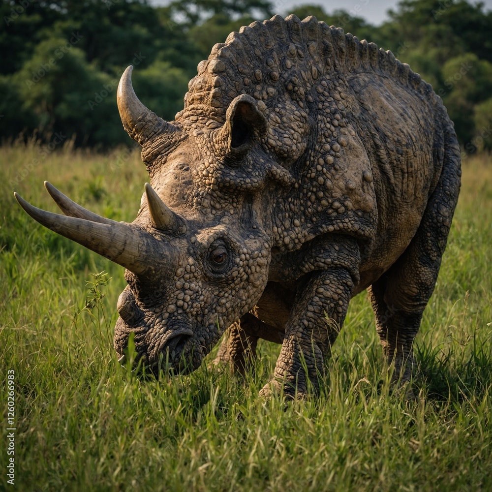 Fototapeta premium Closeup of a large Indian Rhinoceros eating grass with birds on its back in Chitwan, Nepal Rhino 