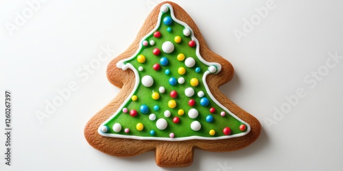 A festive gingerbread cookie shaped like a Christmas tree, adorned with vibrant green icing, topped with white accents, and sprinkled with colorful candy decorations photo