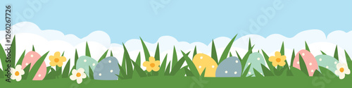 colorful easter eggs in the grass; concept of egg hunt which is a game typically played during Easter- vector illustration